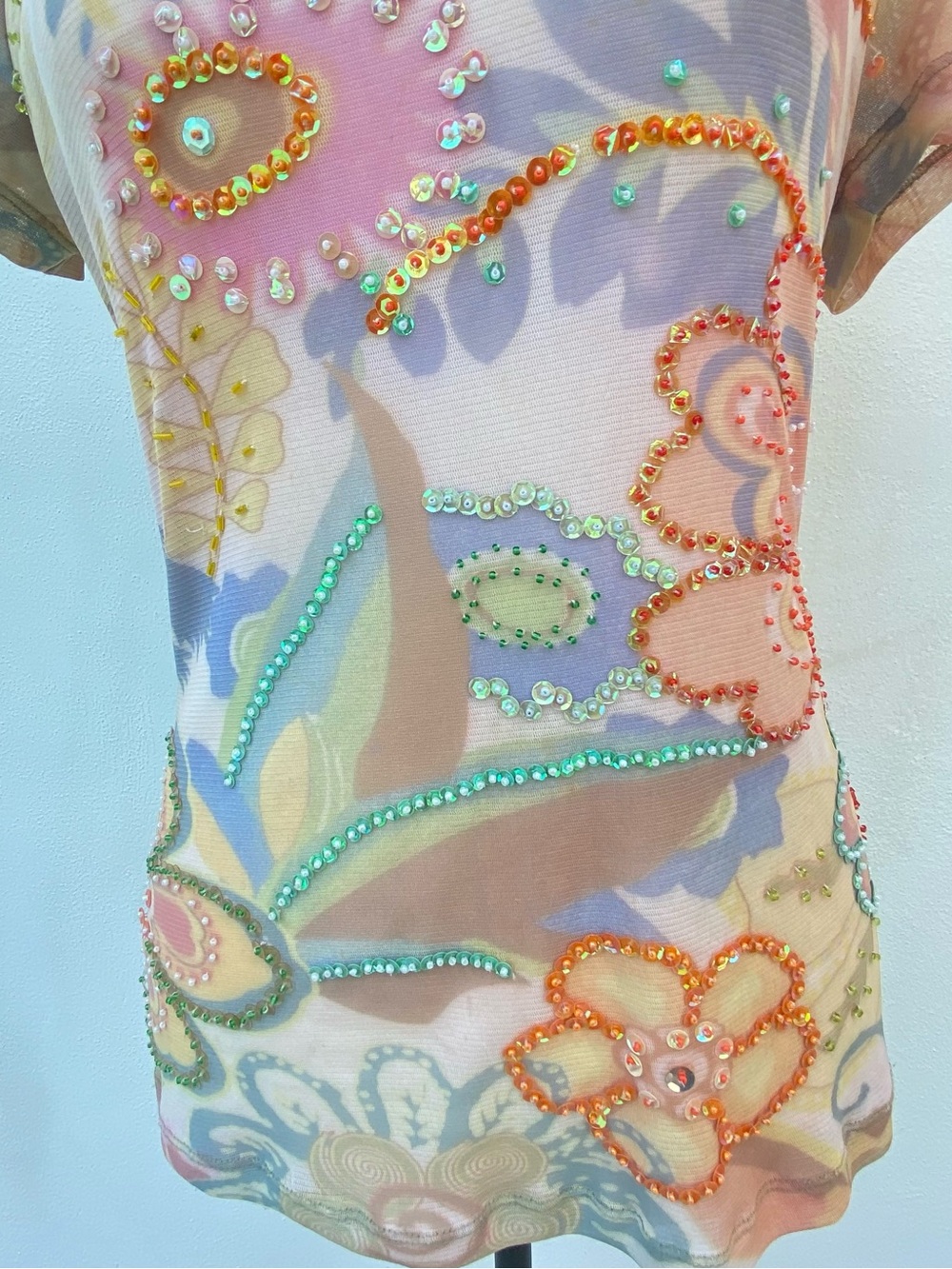 Y2K Orange Multicolor Beaded Floral Mesh Top Size Large - Picture 2 of 7